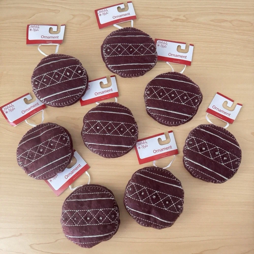 New Set 8 Stuffed Felt‎ Xmas Ornaments Burgundy Brown Stocking Ball Beaded Lot